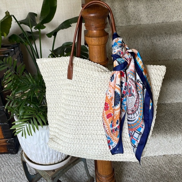 H&M Boho Cream Tote Beach Bag With Silk Floral Scarf - Picture 3 of 16